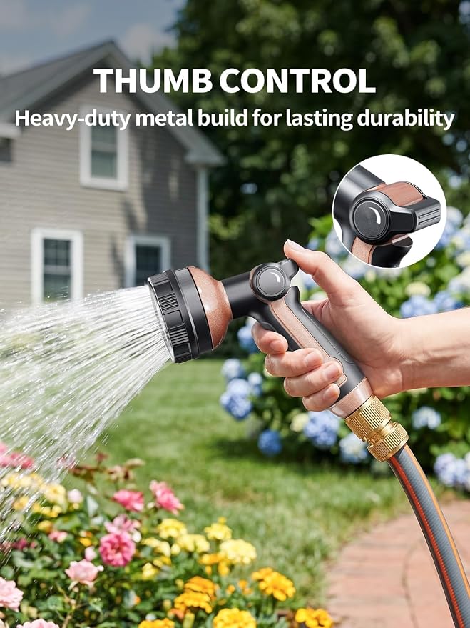 Garden Hose Nozzle, Metal Water Spray Nozzle with 8 Spray Patterns & Thumb Control, Heavy Duty Full Shower Water Nozzle for Lawn & Plant Watering, Car & Pet Washing, Black