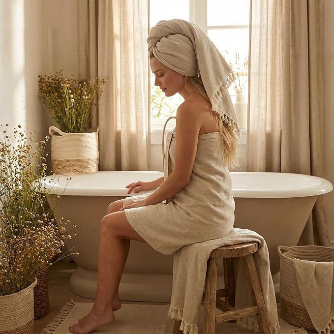 100% Linen Bath Towels, 27.5x52 Inch Large Bath Sheet Towel with Short Edge Tassel, Absorbent Quick Dry Boho Decorative Towels for Bathroom, Soft Lightweight Shower Towels for Women Men