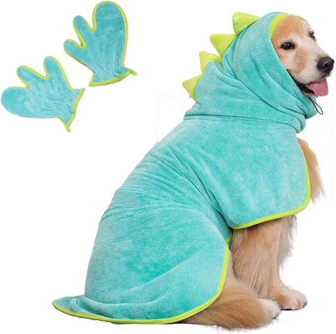 Pawyee Super Soft Fast-Drying Dog Towel Microfiber Bath Robe Design for Cats and Dogs (Medium, Pink Dino)
