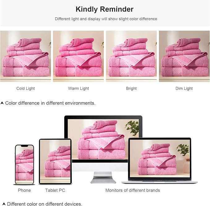 COZYART Pink Bath Towel Set 6 Piece, 100% Zero Twist Ring Spun Turkish Cotton 650GSM, Ultra Soft Absorbent Fast Dry Hotel Quality Bathroom Towels