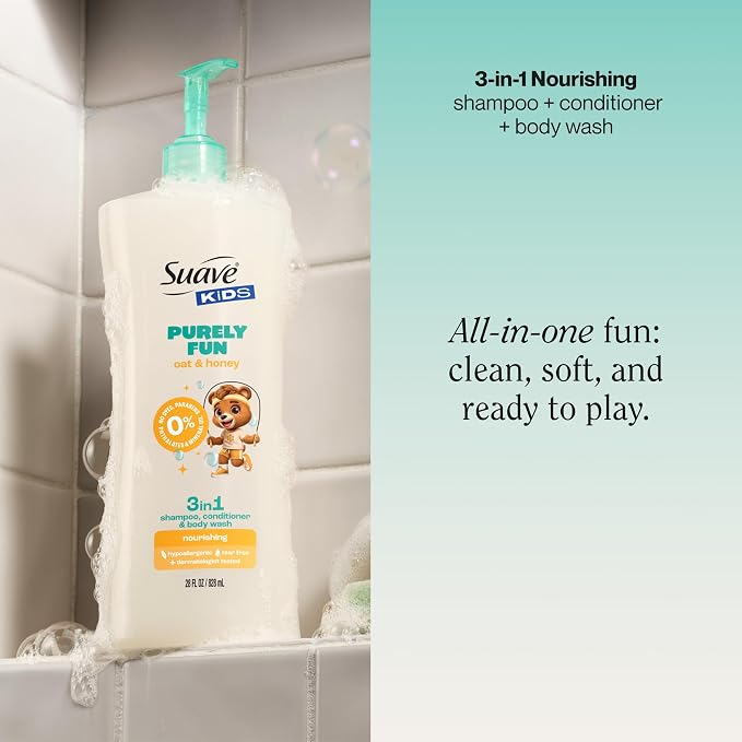 Suave Kids Purely Fun 3 in 1 Shampoo, Conditioner & Body Wash with Oat & Honey, Tear-Free, Hypoallergenic, Gentle Hair Care for Kids with Sensitive Scalps, 4 Count, 28 fl oz