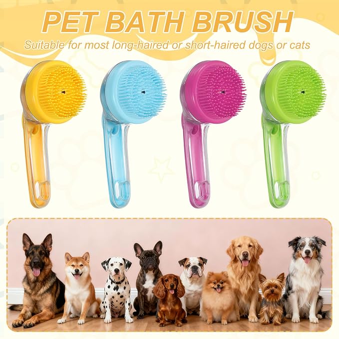 Pet Bath Brush, Dog Shampoo Brush New 2 in 1 Grooming Massage Scrubber Bubble Maker with Ring Built-in Shampoo Dispenser(Fine Bristled,Pink), for Long Short Hair Cats Shower