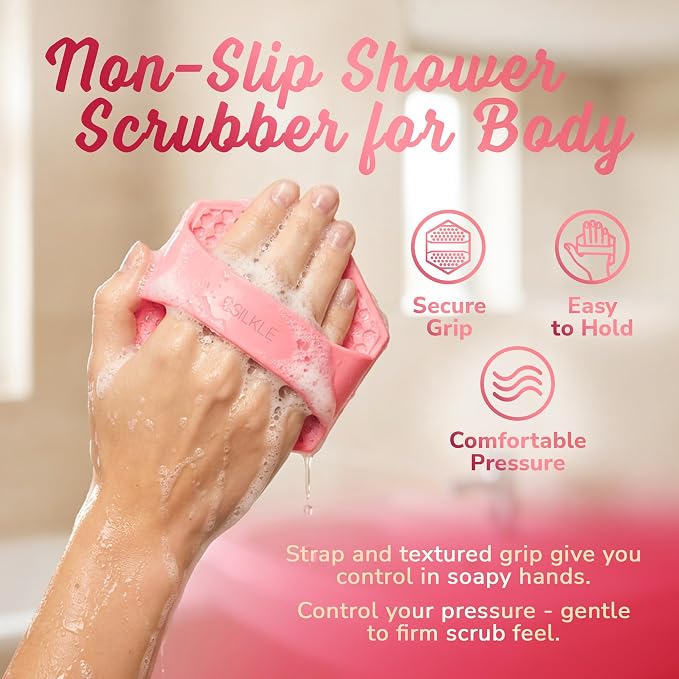 SILKLE Silicone Body Scrubber – Gentle Exfoliating Shower Scrubber for Body & Bath, Silicone Shower Brush & Loofah Alternative – Non-Slip Silicone Body Brush, Quick Dry, Hygienic - Pink
