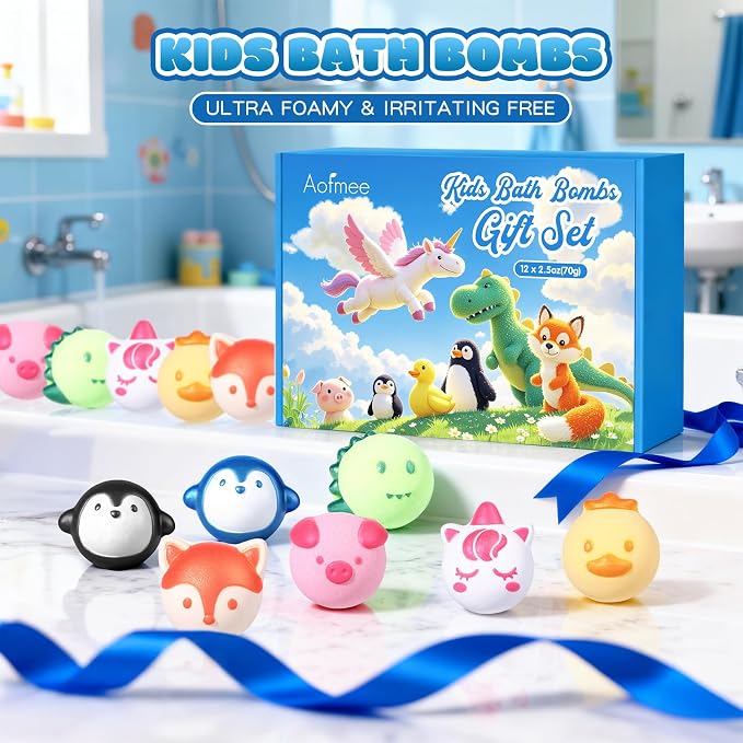 Aofmee Bath Bombs for Kids, 12 Pcs Kids Bath Bombs with Essential Oil, 6 Animal Shapes and Fruity Aroma, Natural Organic Spa Gift Set for Boys Girls, Birthday Christmas Halloween