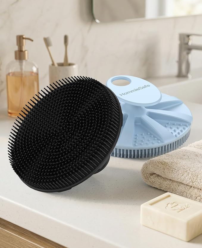 Soft Silicone Shower Brush Body Wash Bath Exfoliating Skin Massage Scrubber | 2 Pack Dry Skin Brushing Glove Loofah, Fit for Sensitive and All Kinds of Skin(Sky Blue+Black)