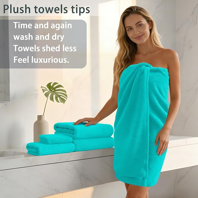 Turquoise Bath Towels (4PC Large, 30"x56") - 100% Cotton | Quick Dry | Light Weight | Thick | Soft | Absorbent, Luxury Shower Towels with Hanging Loops, Towel Gift Set, Turquoise Bathroom Accessories