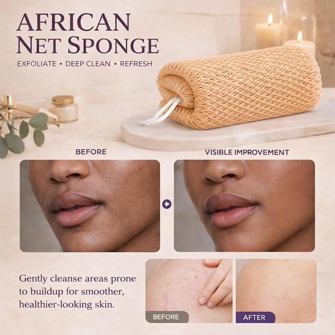 African Net Sponge Authentic, 4 Pcs Exfoliating Net Sponge for Bath, 45 Inch Long Stretch Back Scrubber for Women and Men, Exfoliating Shower Scrubber(Black+Olive Green+Pink+Champagne Gold, 4 Packs)