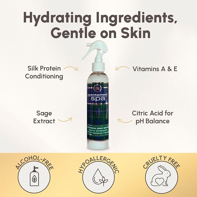 Best Shot Scentament Spa Botanical Body Splash, Detangler Spray, Hypoallergenic Body Spray for Cat and Dog, Berry Amaretto, 8 Oz.