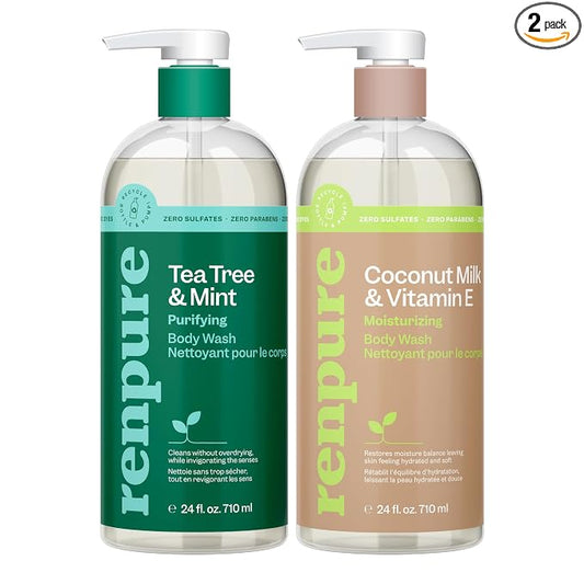 Renpure LLC Tea Tree Mint Oil & Coconut Vitamin E, Sulfate Free Moisturizing Body Wash For Dry Sensitive Skin, Antibacterial Body & Hand Soap For Men Women Kids & Toddlers, White, 24 Oz