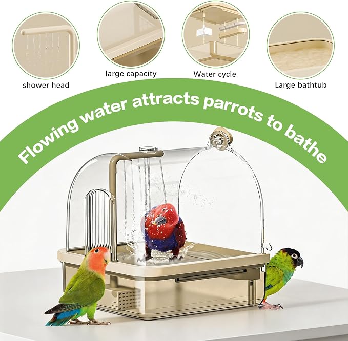 Bird Bath, Parrot Bathtub, Automatic Parrot Shower Bath with Pump, Large-Capacity Water Tank,Automatic Circulating Water Bathtub for Pet Birds, Parakeet, Cockatoo, Cockatiel, Lovebird (Brown)