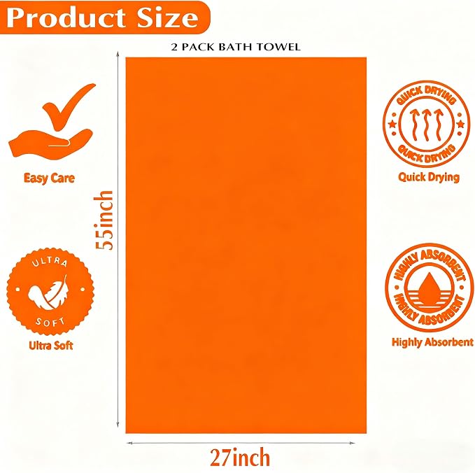 2-Pack Microfiber Bath Towels (27x54 Inches) - Ultra Soft & Quick Dry, 3X Absorbency, Lightweight for Gym, Yoga, Travel & Spa - Perfect for Home, Fitness & Post-Workout