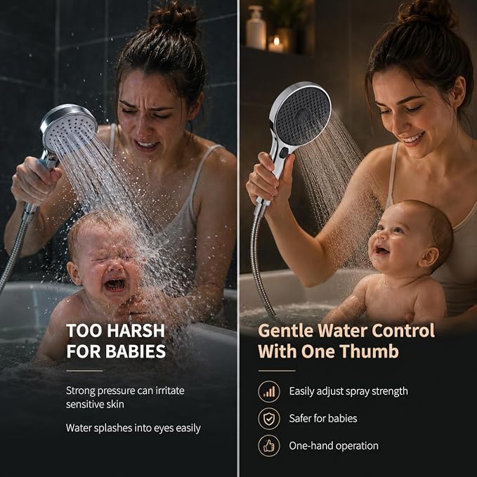 Handheld Shower Head with Scroll Wheel Flow Control, 4 Spray Settings with Built-in Continuous Power Wash, High Pressure Showerhead for Adults, Babies & Pets, Chrome (silver) (silver)