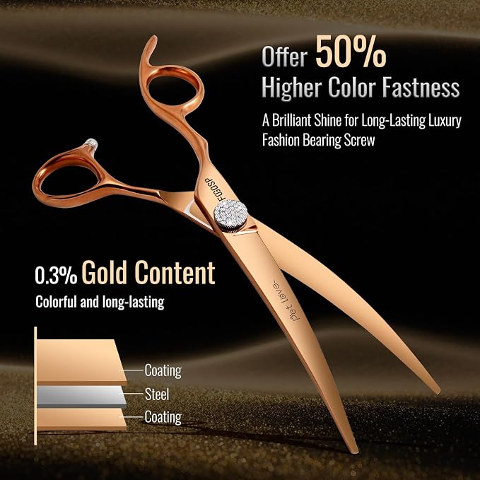 Professional Left Handed Curved Dog Grooming Scissors 7'' Downward 30° Rose Gold Titanium Japan 440C Pet Grooming Trimming Shears for Large Dog Poodle(7,Curved)