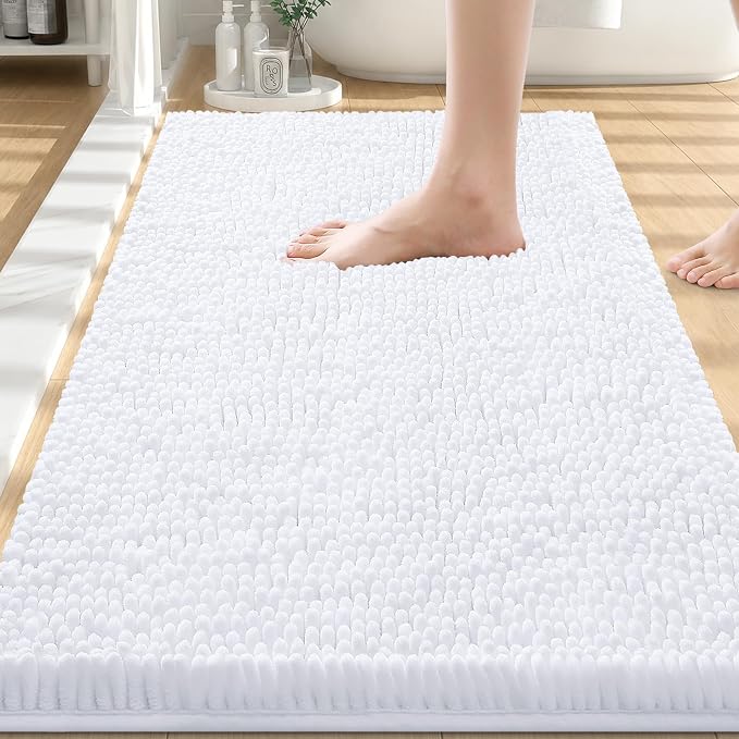 Smiry Luxury Chenille Bathroom Rugs 30x20, Extra Soft and Absorbent Shaggy Bath Mat, Machine Washable, Non-Slip Plush Carpet Runner for Tub, Shower, and Floor, Home Decor Accessories, White