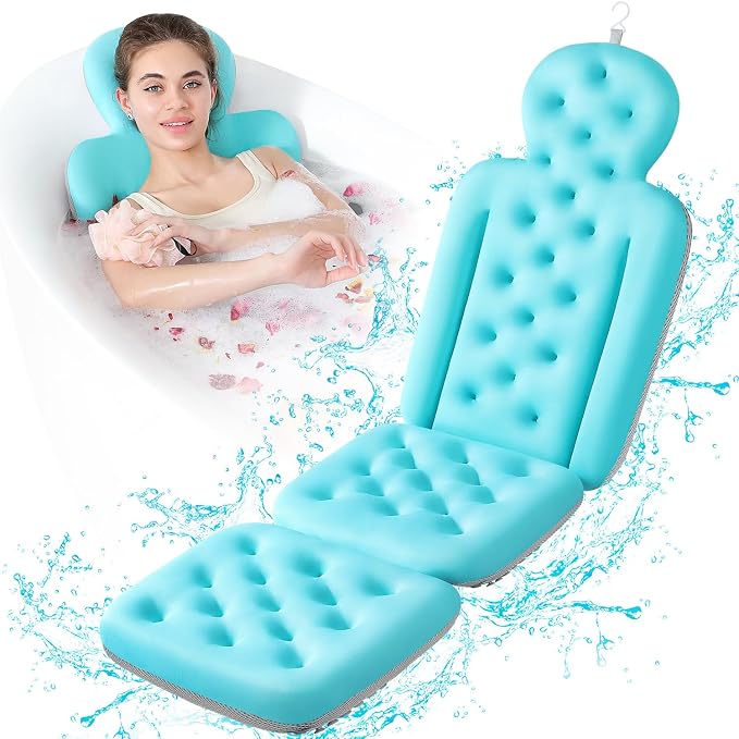 Luxury Bath Cushion, Full Body Bathtub Pillow with 160 Suction Cups, Bath Mat for Head and Neck Support, with Laundry Bag (Blue, 56" x 16")