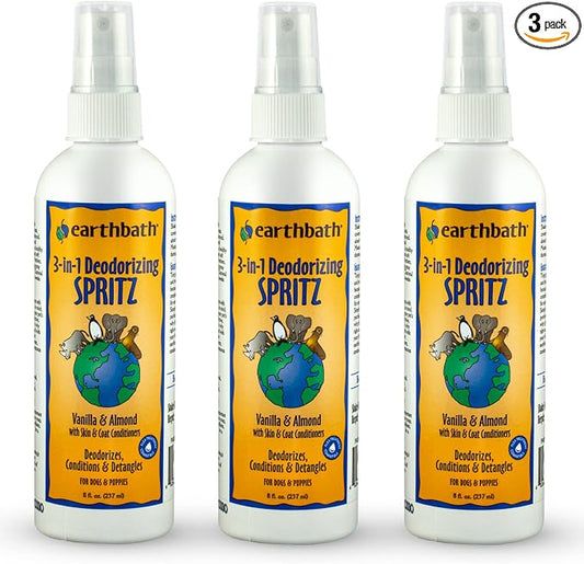 earthbath, Vanilla & Almond 3-in-1 Dog & Puppy Deodorizing Spritz - Dog Odor Eliminator for Strong Odor, Cruelty-Free Dog Cologne, Dog Wash Spray, Made in USA, Dog Bathing Supplies - 8 Oz (3 Pack)