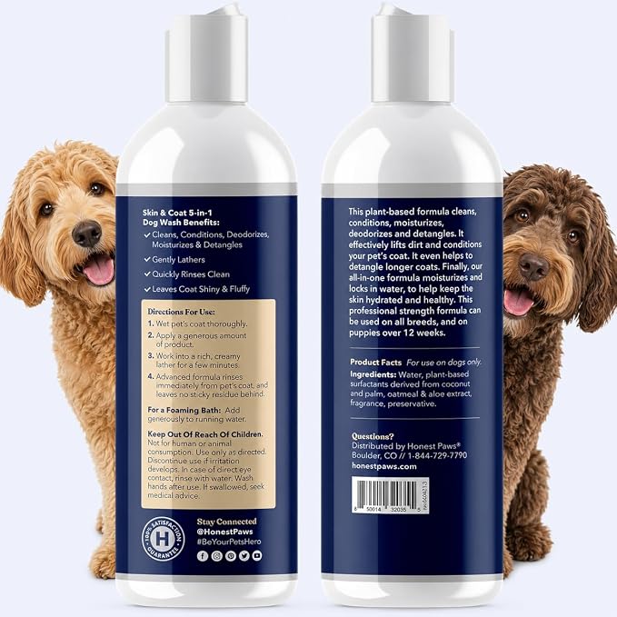 Honest Paws Dog Shampoo and Conditioner - Premium Dog Wash for Allergies and Dry, Itchy, Moisturizing for Sensitive Skin - Sulfate Free, Plant Based, All Natural -16 Fl Oz