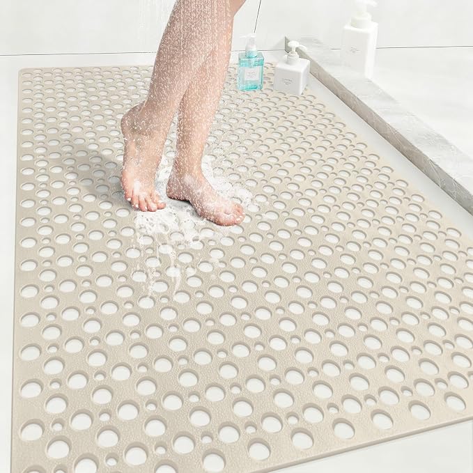 Anti Slip Shower Mat with Suction Cups,31.5x47.2 Inch Quick Drain TPE Non Slip Shower Mats for Inside Shower,Large Bath Mat for Shower Soft on Feet, Easy to Dry&Cut Machine Washable