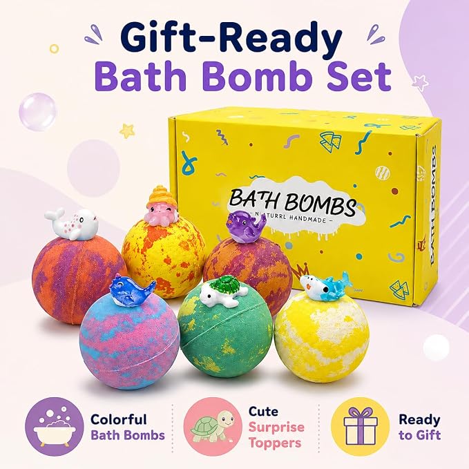 Bath Bombs for Kids with Surprise Inside, 6 PCS Bath Bombs Gift Set with Sea Animal Toys, Fizzy Bubble Bath Bombs with 6 Scents for Girls Ages 3+, Kids Bath Bombs for Toddler Christmas Birthday Gifts