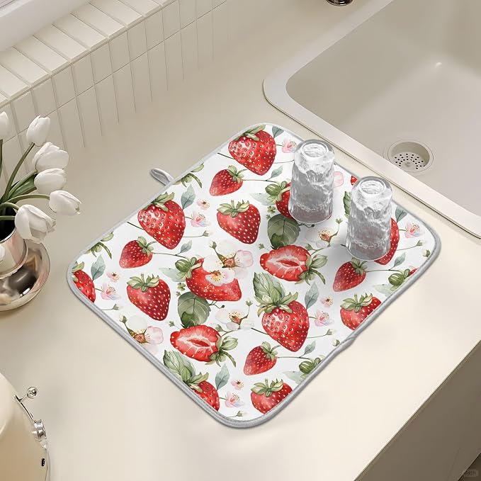Cute Watercolor Strawberries Dish Drying Mats for Kitchen Counter Large Drying Mat for Dishes Microfiber Dish Rack Mat Drainer Pad Washable Foldable Ultra Absorbent Dry Mat 24"x18"