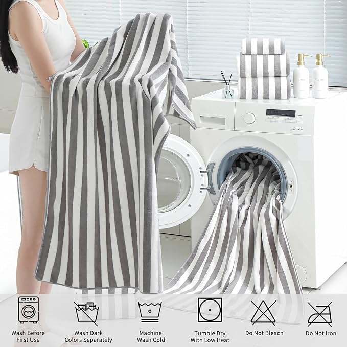 18 Pcs Light Gray Stripe Bath Towel Set with Hanging Loop-6 Bath Towels,6 Hand Towels,6 Washcloths Soft Family Towels Set Bathroom Towel Highly Absorbent Quick Dry Shower Towel for Beach Spa Gym Hotel