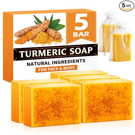 Treeroot 5 Pack Turmeric Soap, 80g Kojic Acid and Turmeric Soap Bar, Gently Clean the Face, Contains Retinol, Collagen, Vitamin C, Shea Butter, Used for Face & Body, SLS Free
