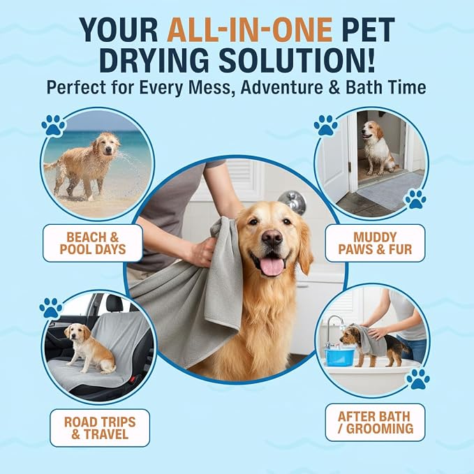 Dog Towel Keeps Your Pet Cozy After Every Use – Microfiber Towels for Drying Dogs & Cats – Quick & Efficient Grooming Gray Towel for Outdoor Play – Gently Dries Your Pet’s Fur 23.6X39.4in l Large