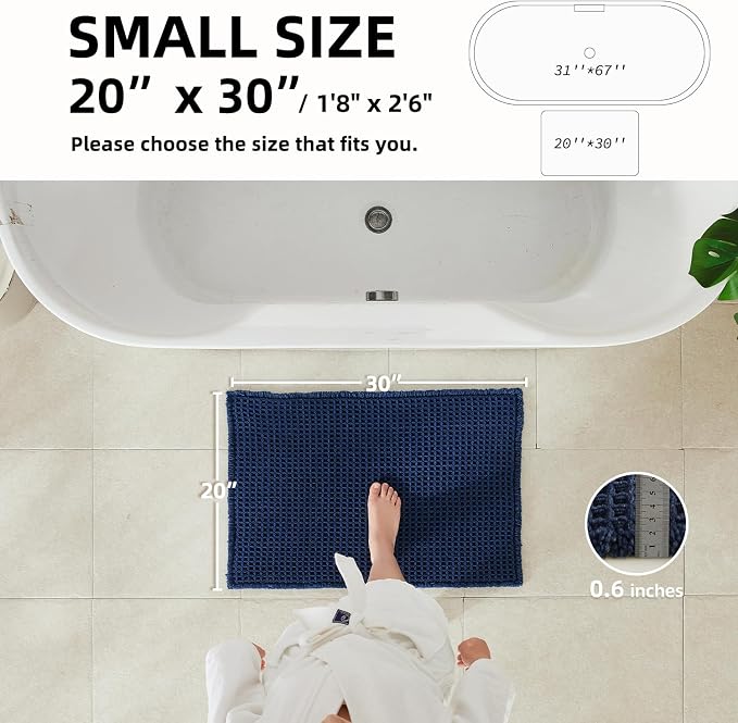 TYUU Waffle Bath Mat, Boho Bathroom Rugs Non Slip Washable Super Absorbent Quick Dry Bath Mat Farmhouse Bathroom Decor, 30"x20" Navy Blue