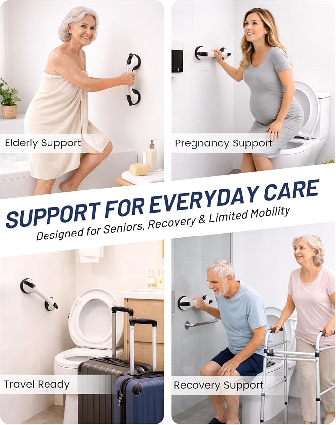 Gel-Enhanced Grab Bars for Shower, 2PK Suction Bars for Seniors | No-drill setup, Enhanced gel suction, Shower/tub/toilet support, Anti-slip grip, Removable & reusable, Smooth surfaces