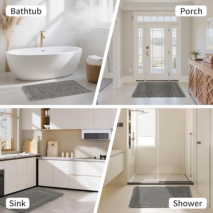 Waffle Bath Mat - Super Water Absorbing Bath Mat Quick Dry, Bathroom Rugs Non Slip Washable with Tassels, Rubber Backed Bathroom Mat for Bathroom Floor, Tub and Shower, 20" x 32", Dark Grey