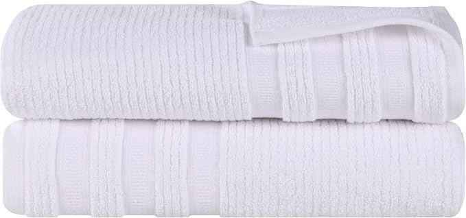Superior Cotton Bath Sheet Set, Zero Twist, Ribbed Geometric, Oversized Large Absorbent Body Towels, Luxury Soft Quick Dry, Shower, Spa, Hotel, Pool, Guest Bathroom, Home Essentials, Set of 2, White