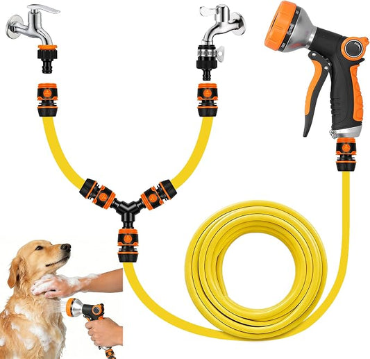 14Pc Dog Washing Hose Attachment - 9.84Ft Long Hose, 2 in 1 Hot & Cold Kitchen Faucet Connector, Y-Splitter & 8 Spray Patterns Garden Hose Nozzle for Watering, Car Wash, Cleaning and Showering Pets