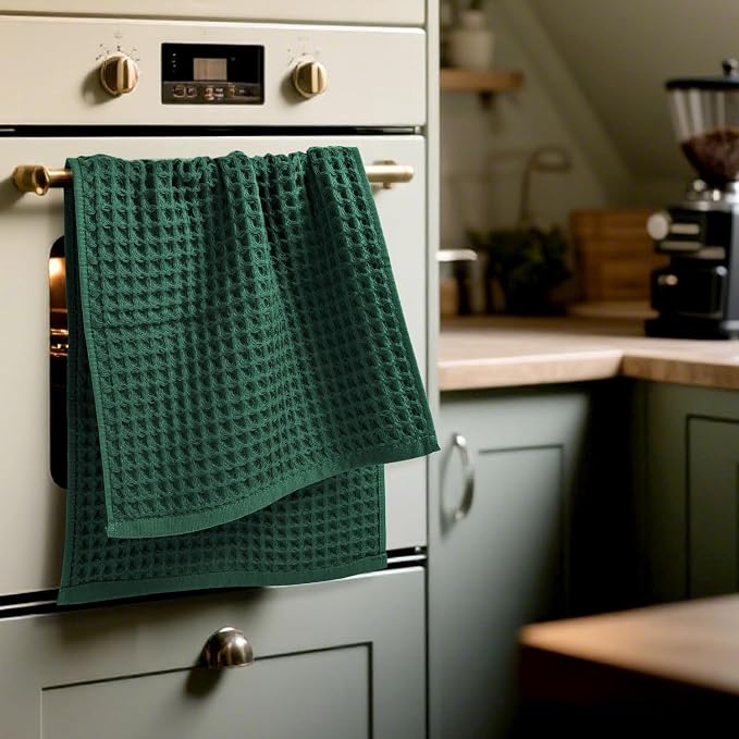 Jacquotha Waffle Hand Towels Set of 5 (Hunter-Green) – Cotton, Quick Dry, Lint Free, 13” x 29”, Bathroom Decor & Kitchen Towels
