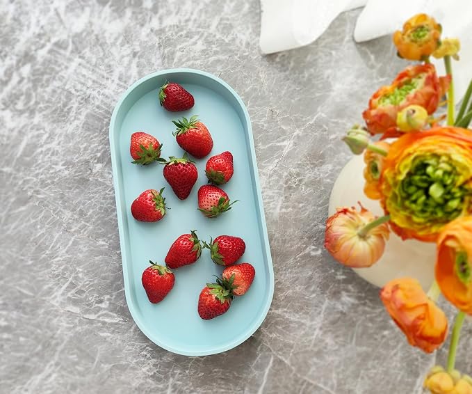 Blue Small Tray (11.8 inch), Oval Tray, Countertop Organizer | for Kitchen Counter, Bathtub Bathroom Vanity Items, Coffee Accessory, Bar, Serving Seasoning, Salt and Pepper, Soap, Perfume.