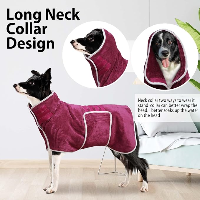 Dog Bathrobe Towel Dog Drying Coat - Super Absorbent Bath Robe for Drying Dogs Large, Soft Adjustable Collar & Belly Strap Fast Drying Coat Pet Dog Cat Bath Robe Towel (Purple, Large)