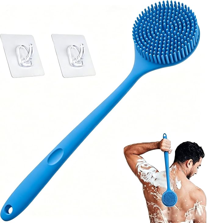 Silicone Back Scrubber for Shower, 17in Lengthen Long Handle Body Brush, Double Sided Shower Brush for Shower Exfoliating and Massage,Includes 2 Hooks (Blue)