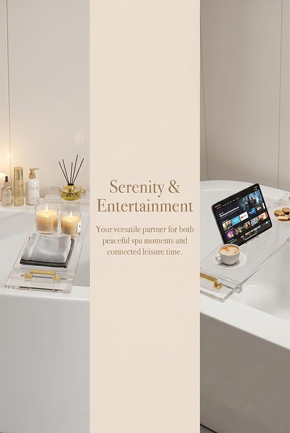 42" transaprent Bathtub Caddy with Gold Handle for Luxury Bathroom Bathtub Acrylic Tray for Large Soaking Tub