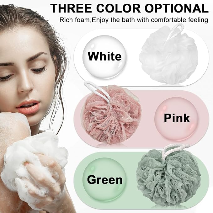 Loofah Charcoal Bath Shower Sponge Body Scrubber,75g Exfoliate Mesh Pouf Shower Bouquet,3 Pack Large Bath Sponge for Women and Men（White Pink Green）