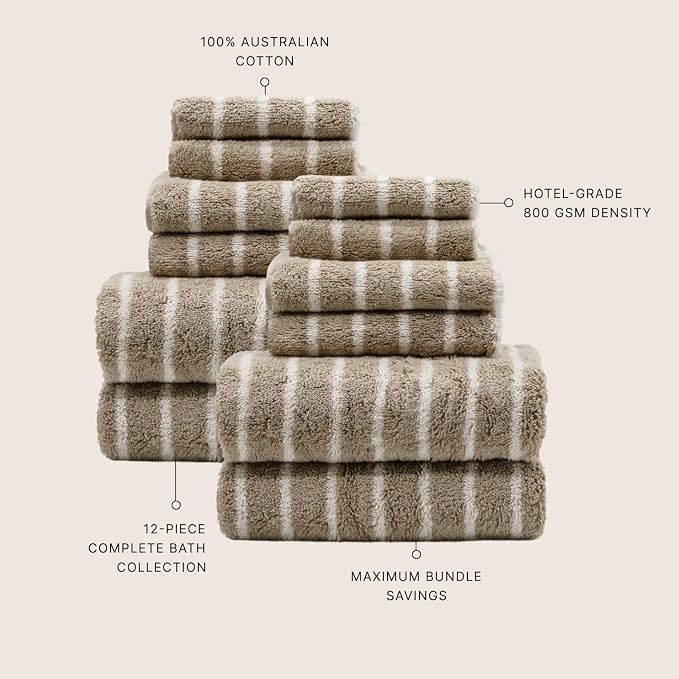 Italic Ultraplush 12-Piece Family Towel Set – Luxury Bath Towels, Hand Towels & Washcloths – Plush, Quick Dry, 800GSM 100% Australian Cotton for Bathroom & Spa - White & Blue (Tan & Ecru)