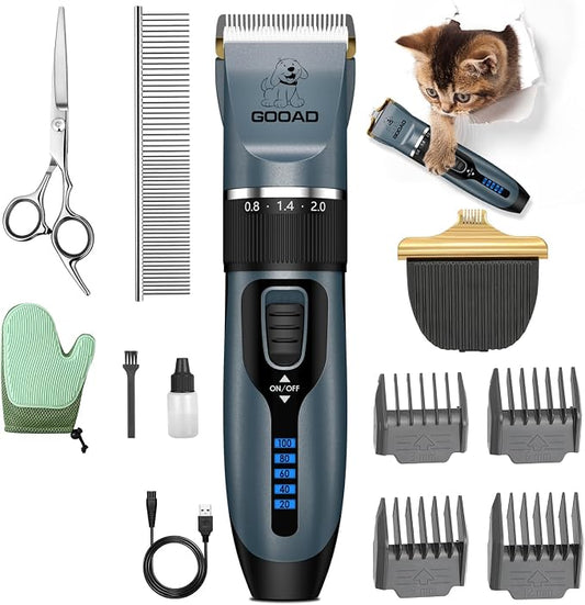 Professional Cat Clippers & Dog Grooming Kit, Cordless Low Noise Clippers for Thick & Matted Coats, Quiet Shaver Hair Trimmer with Paw Trimmer for Pets (Blue)