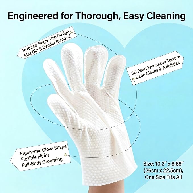 Pet Glove Wipes, No Rinse Deodorizing Mittens for Sphynx, Devon Rex, Cats & Dogs, Thickened Hypoallergenic with Aloe Vera, Unscented Full Body Grooming, Daily Care & Travel, 6 Count