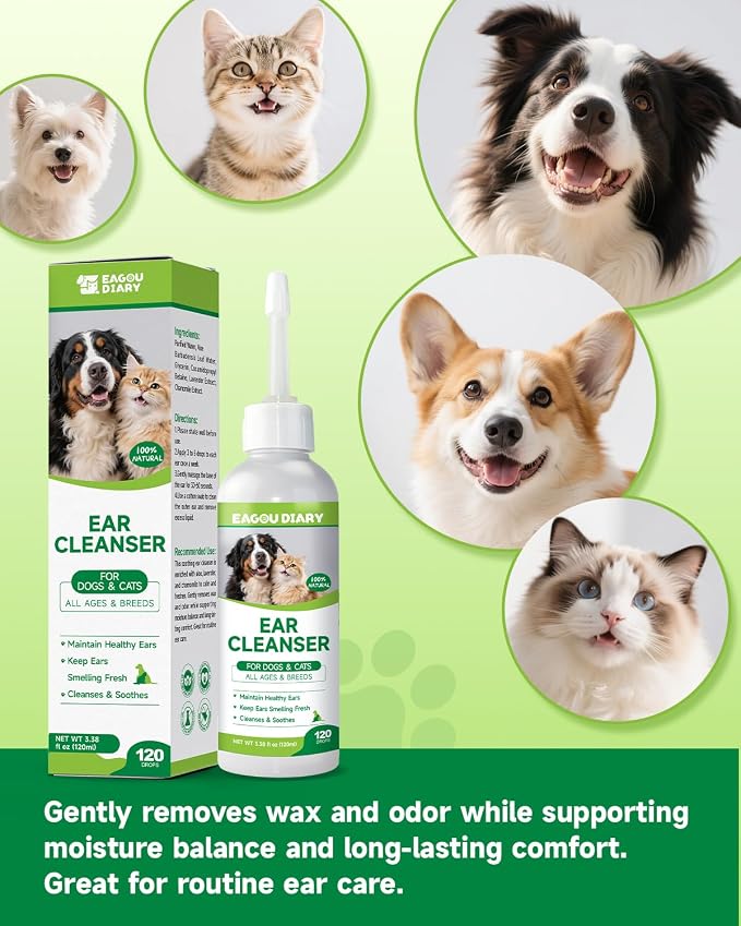 Dog Ear Cleaner Solution - Removes Debris, Wax, Odor, Itch Relief, 120ML | with Aloe, Lavender, Chamomile, Ear Drops for Dogs, Dog Ear Infection Treatment, Ear Wash, Flush and Care