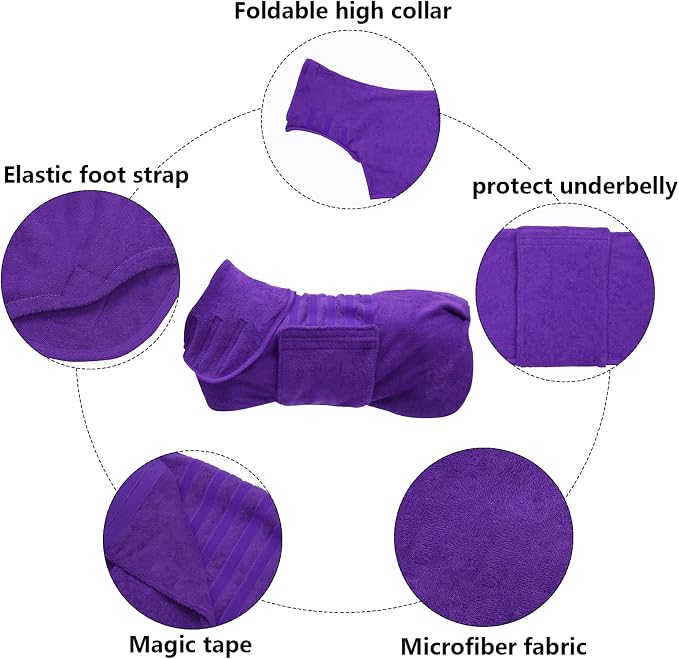 Geyecete Dog Drying Coat - Fast Drying Dog Bathrobe Towel - Microfibre Super Absorbent Pet Cat Bath Robe, Luxuriously Soft Purple L