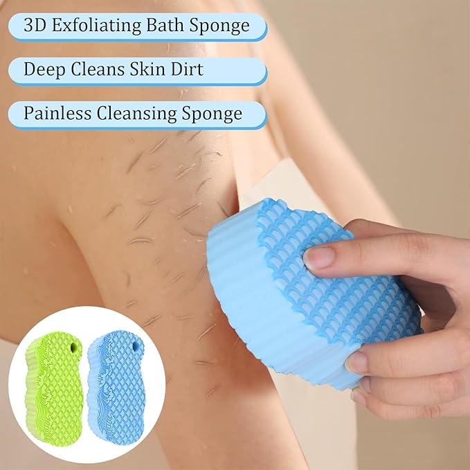 2Pcs Magic Exfoliating Bath Sponge, 3D Ultra-Soft Body Exfoliating Sponges, Deep Cleansing Dead Skin, Lanyard Bath Sponge for All Skin Types,Suitable for Both Men and Women (Blue+Green)