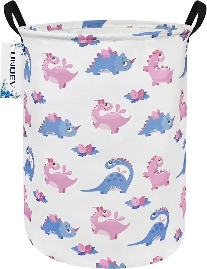 Round Pink Dinosaur Laundry Hamper, Household Storage Bin | waterproof foldable canvas bin with sturdy grip handles, large capacity, tidy organizer for bath linens and kids garments