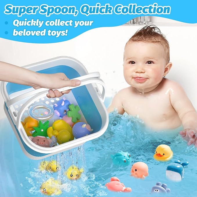 Anivia Foldable Bath Toy Storage Organizer with Removable Base, Quick-Drain-Drying Bathtub Toy Holder Basket for Kids, Blue