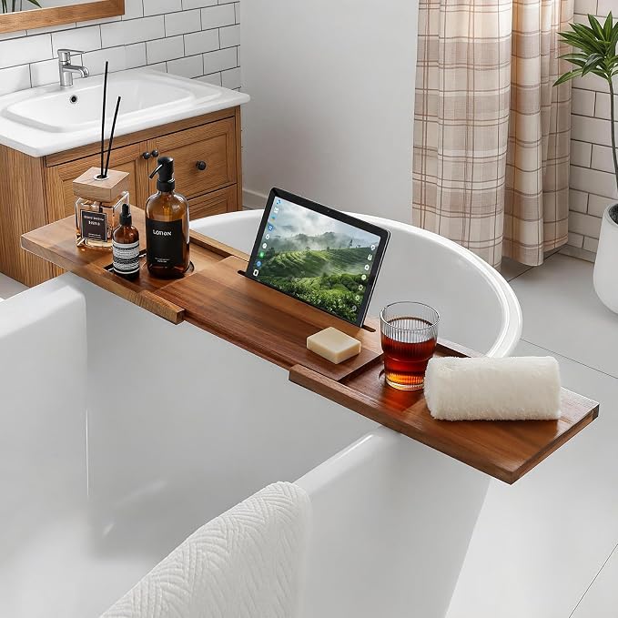 Adjustable Bathtub Tray with Accessories Holder, 32-42 Inches Wood Bath Tray for Tub