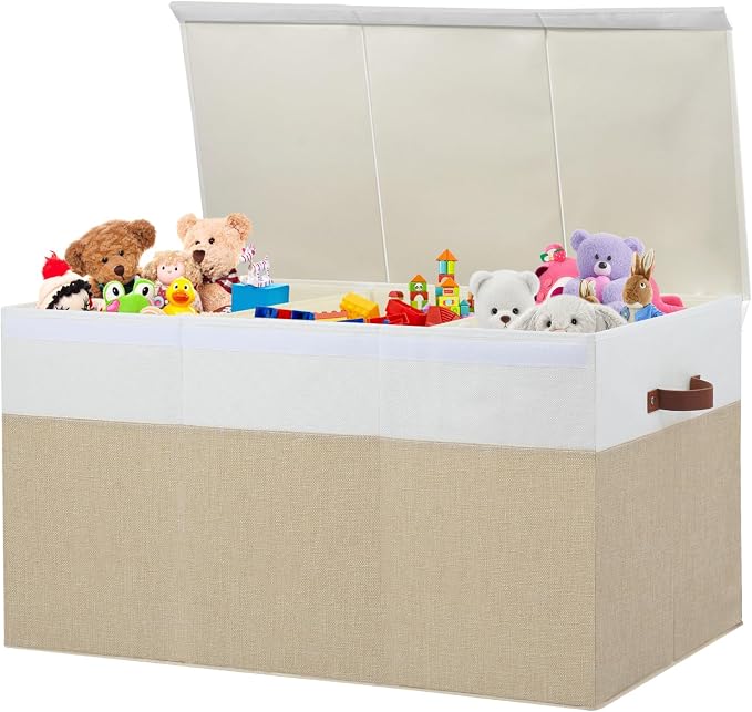 Gowee Extra Large Toy Storage Box with Lid, Sturdy Toys Storage Chest Bin Organizer Basket with Dividers for Kids, Boys, Girls, Nursery, Closet, Bedroom, Playroom 35.5"x17" x17" (Beige and White)