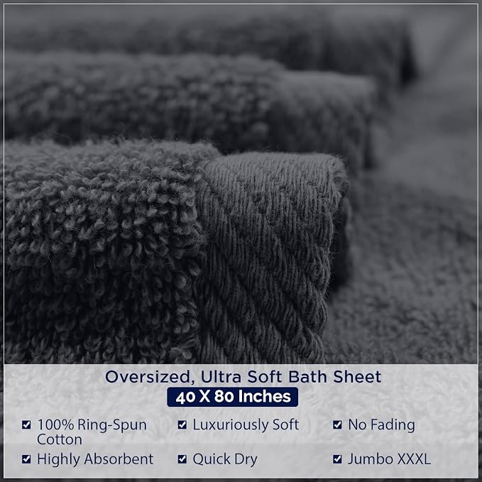DAN RIVER Pack of 1 Jumbo Bath Sheet 40x80 Inches, Extra Large Bath Towels Oversized, Absorbent Cotton Towels for Bathroom - Dark Gray
