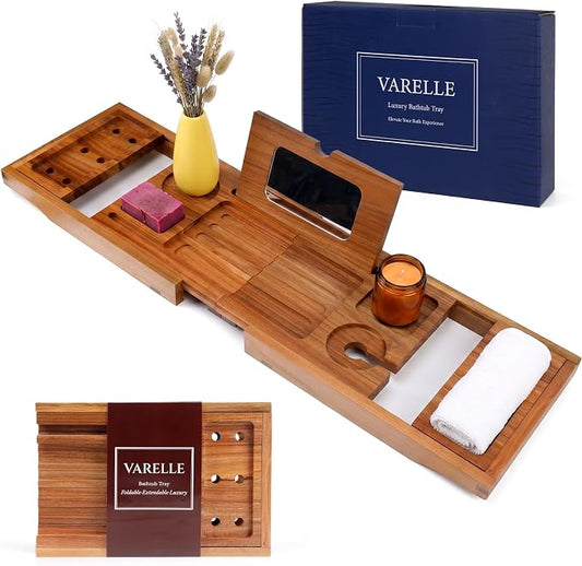 Bathtub Tray, Foldable & Extendable Acacia Wood Bath Caddy with Non-Slip Design, Space-Saving Adjustable Bathtub Shelf for Book, Wine, Tablet, Spa Gift for Women Men